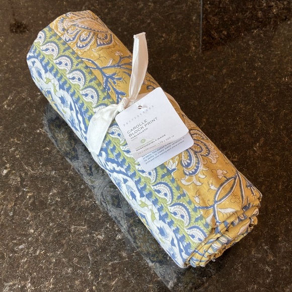 New Pottery Barn Carolle Kalamkari Block Print Tablecloth, Casual Cotton Yellow - Picture 4 of 14